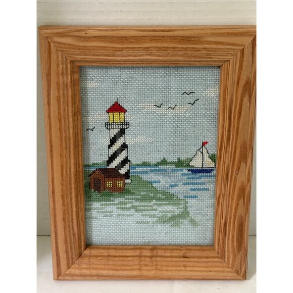 Vintage Cross-Stitch Wood Framed Lighthouse Map Picture-Detailed-Coast-Nautical - Picture 1 of 4